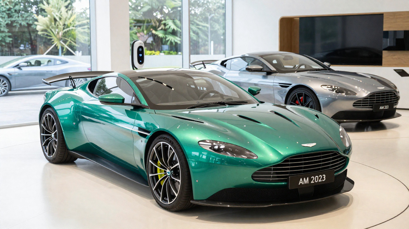 Dois carros esportivos Aston Martin AM 2023 exibidos em showroom com grandes janelas e luz natural.