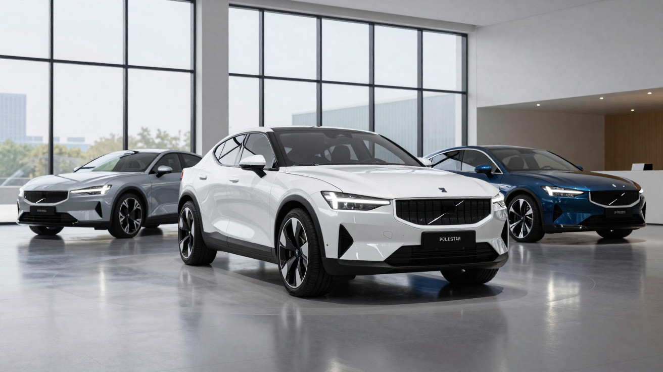 Três carros elétricos Polestar em showroom moderno com grandes janelas e piso refletivo.