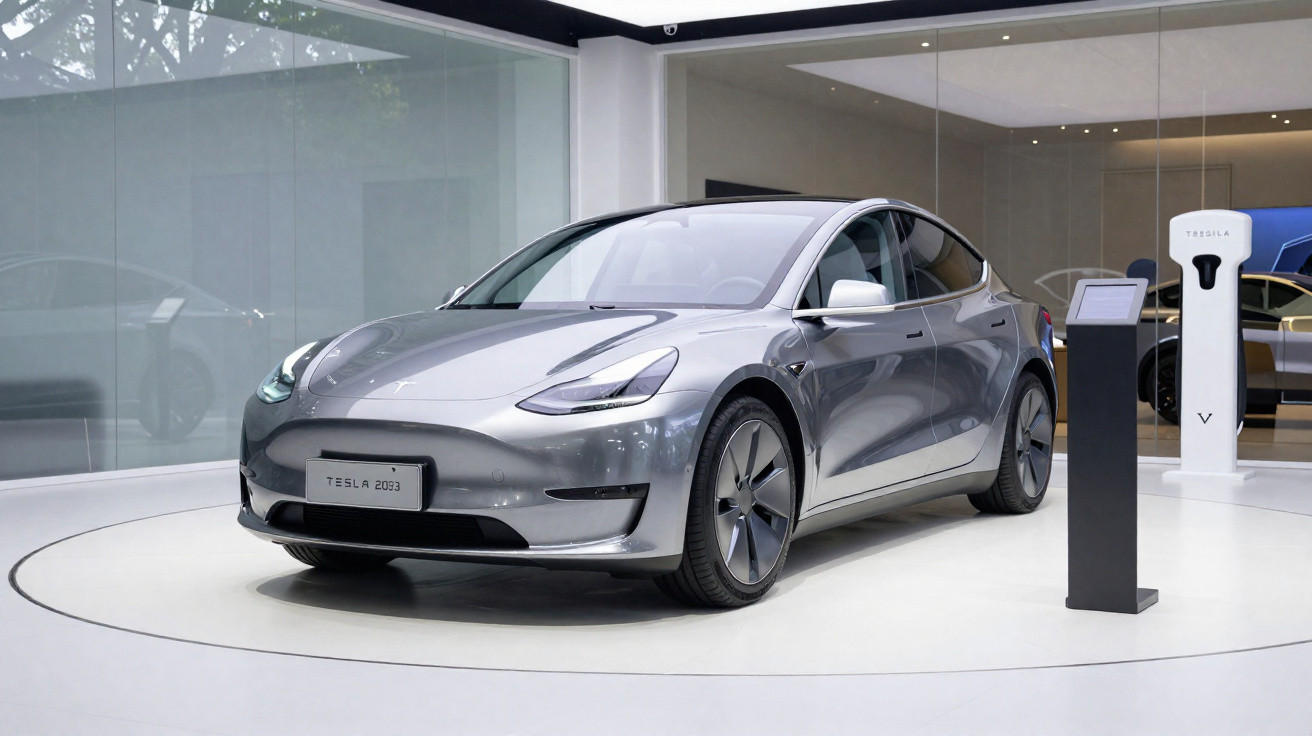 Carro elétrico Tesla Prata 2023 em exposição dentro de showroom moderno e iluminado.