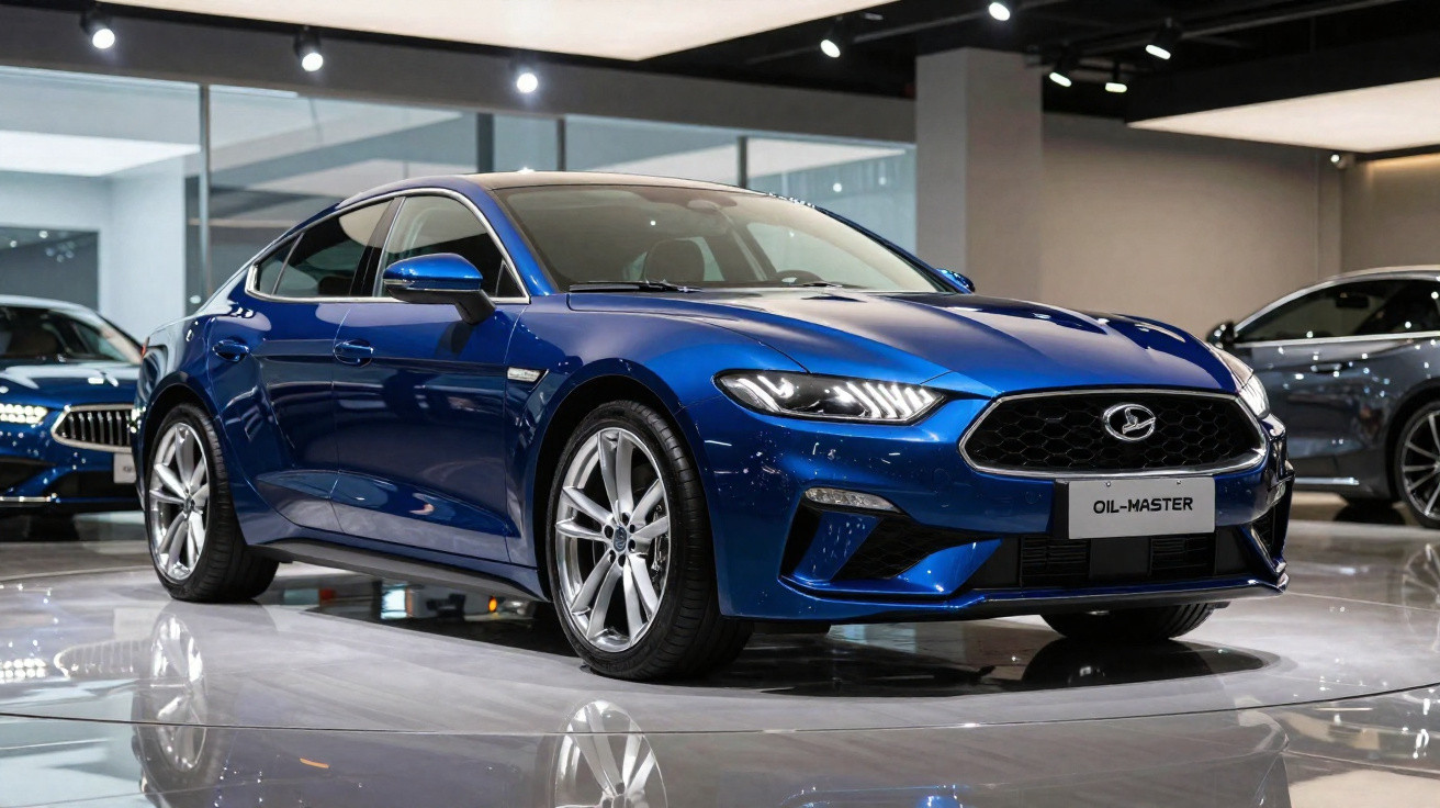 Carro sedan esportivo azul metálico exibido em showroom moderno com piso brilhante e iluminação interna.
