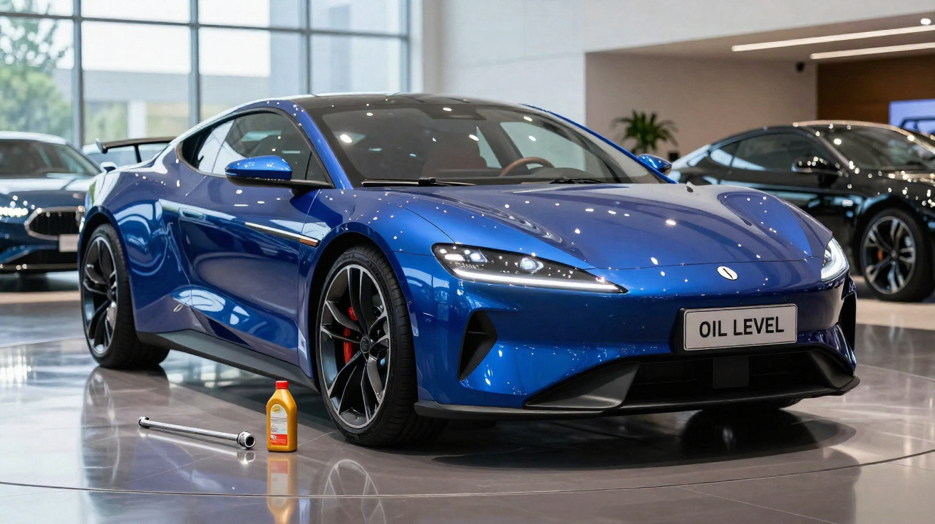 Carro esportivo azul exibido em showroom, com um frasco de óleo e ferramenta no chão ao lado.