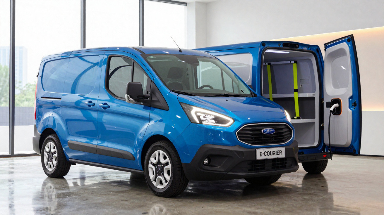 Van elétrica azul Ford E-Courier estacionada em interior com porta traseira aberta e carregando energia.