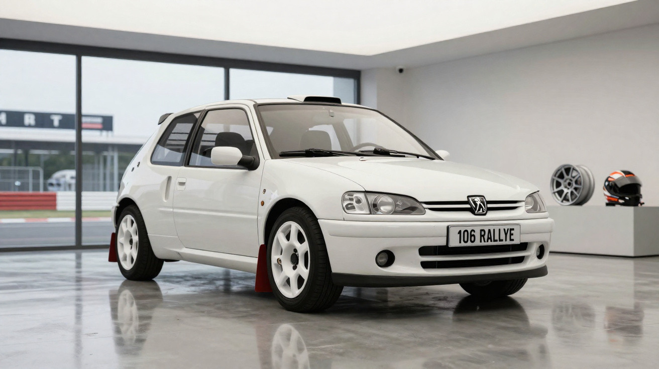 Carro branco Peugeot 106 Rallye estacionado em piso brilhante dentro de showroom moderno e minimalista.