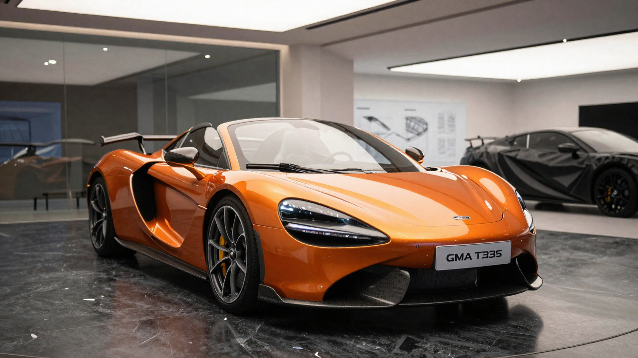 Carro esportivo conversível laranja modelo GMA T33S em showroom moderno com piso preto brilhante.
