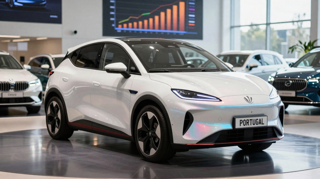 Carro elétrico branco exposto em salão automotivo com placa "Portugal" e gráfico ao fundo.