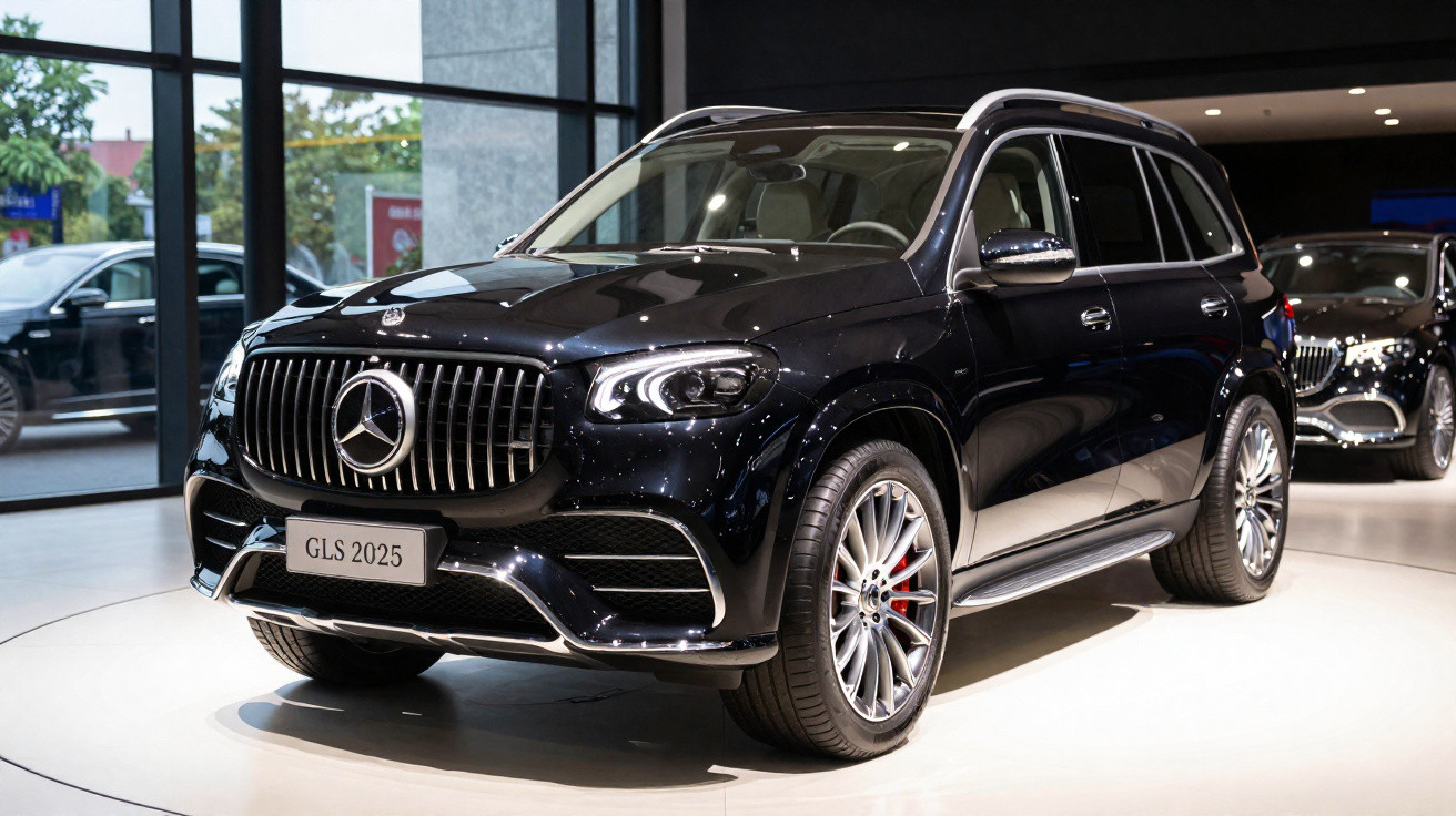 SUV Mercedes-Benz GLS 2025 preta exibida em showroom iluminado, vista frontal e lateral esquerda.