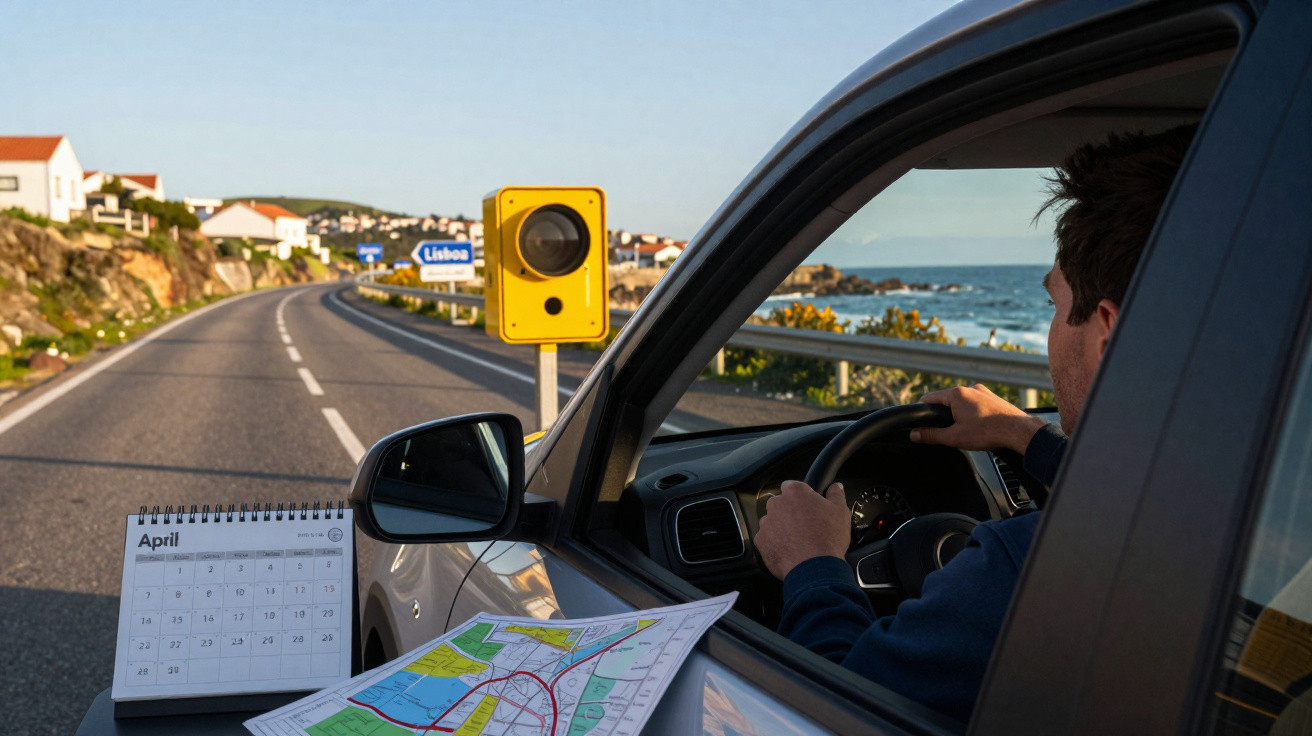 Homem dirigindo carro perto do mar com mapa e calendário na estrada rumo a Lisboa.