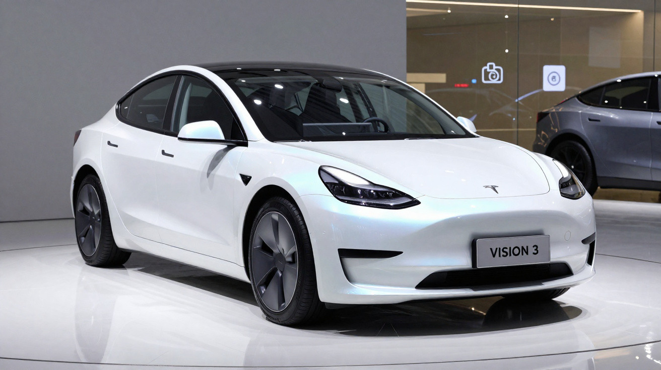 Carro elétrico Tesla Vision 3 branco exibido em ambiente interno com refletor de luz.