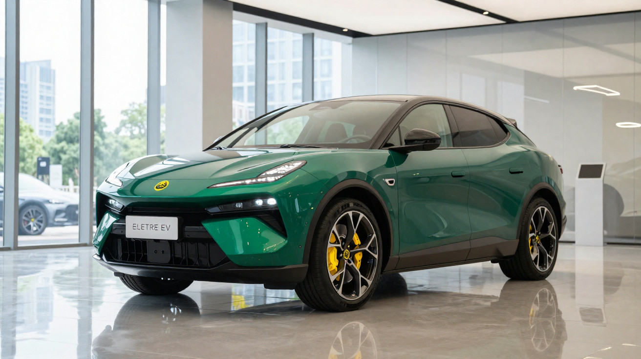 Carro elétrico verde da marca Elektre EV em showroom moderno com piso refletivo e grandes janelas.