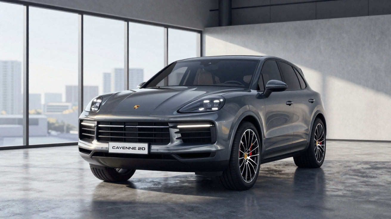 Carro SUV Porsche Cayenne cinza estacionado em ambiente interno moderno com grandes janelas.