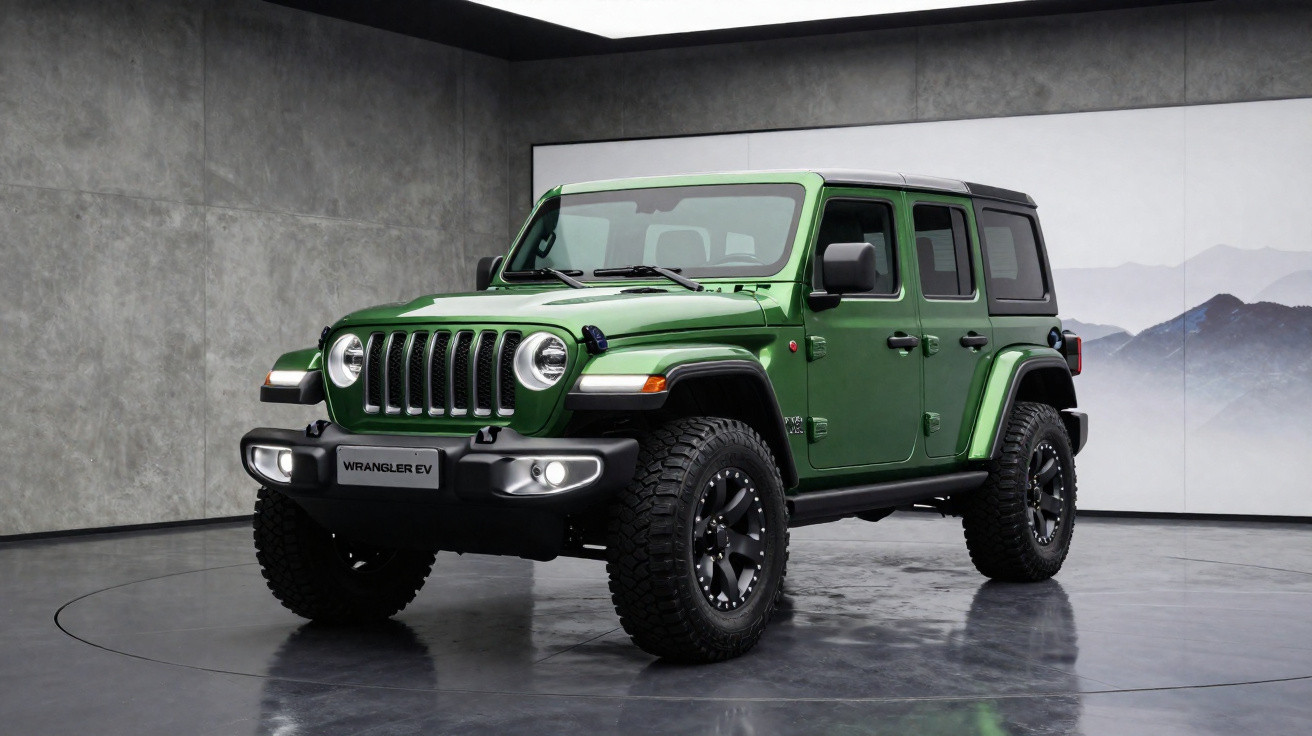 Jeep Wrangler EV verde estacionado em ambiente interno com parede cinza e painel com imagem de montanhas.