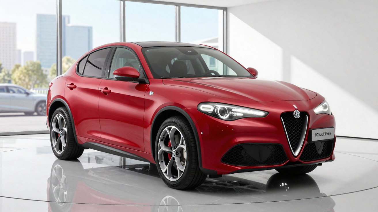 Carro Alfa Romeo Tonale vermelho SUV estacionado em showroom com fundo claro e janelas amplas.