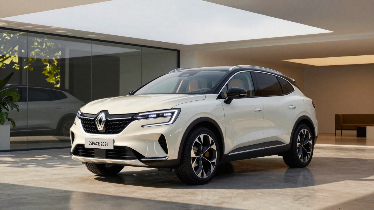 Carro SUV Renault Espace 2024 branco estacionado em ambiente moderno e iluminado.