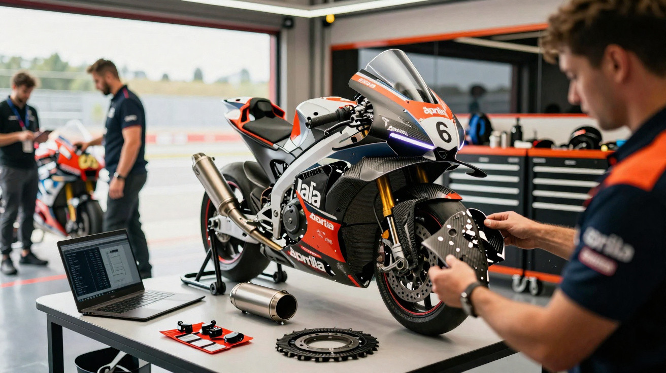 Oficina de mecânicos ajustando motocicleta esportiva Aprilia em bancada com laptop e peças.