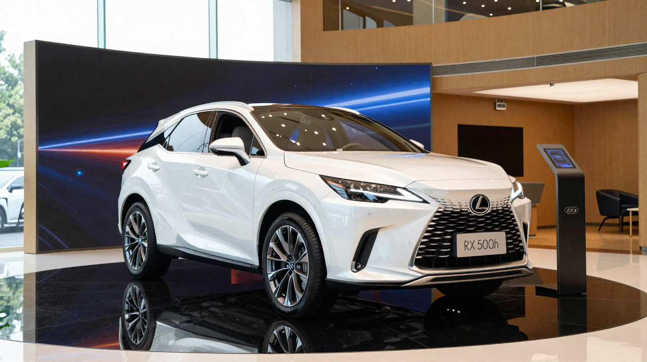 SUV branco Lexus RX 500h exibido em plataforma preta dentro de showroom moderno.