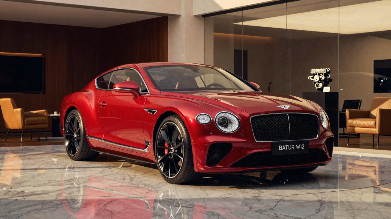 Carro esportivo vermelho Bentley Batur W12 em showroom sofisticado com chão de mármore e poltronas marrons.