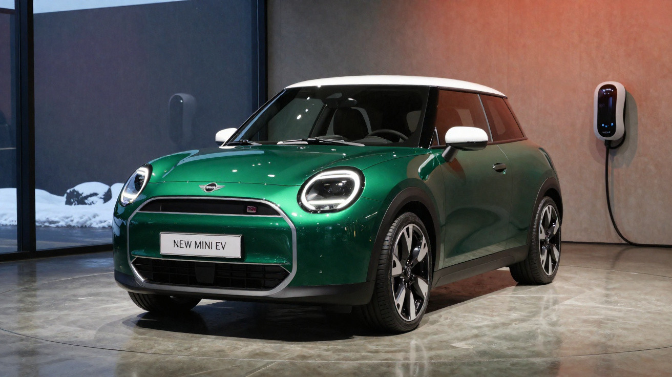 Carro elétrico Mini EV verde com teto branco estacionado próximo a carregador em ambiente interno moderno.