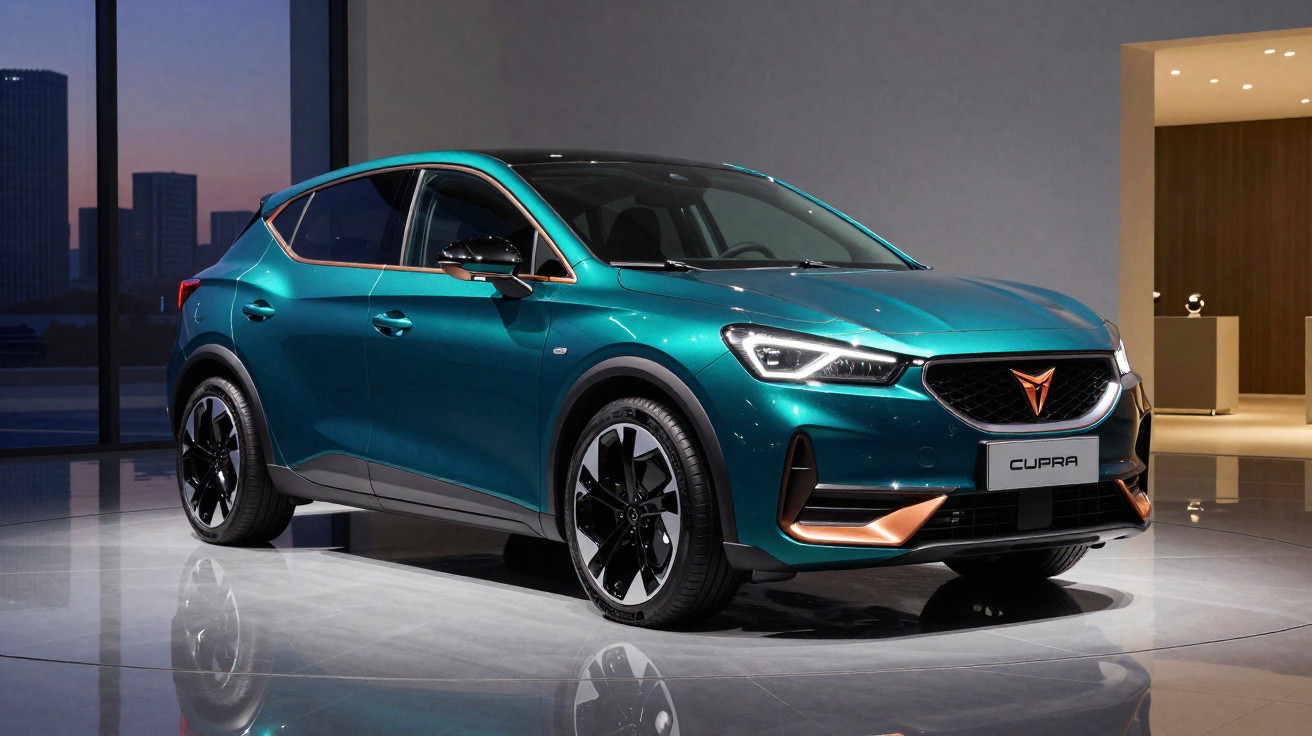 Carro SUV Cupra azul metálico exibido em ambiente interno com iluminação suave e piso refletivo.