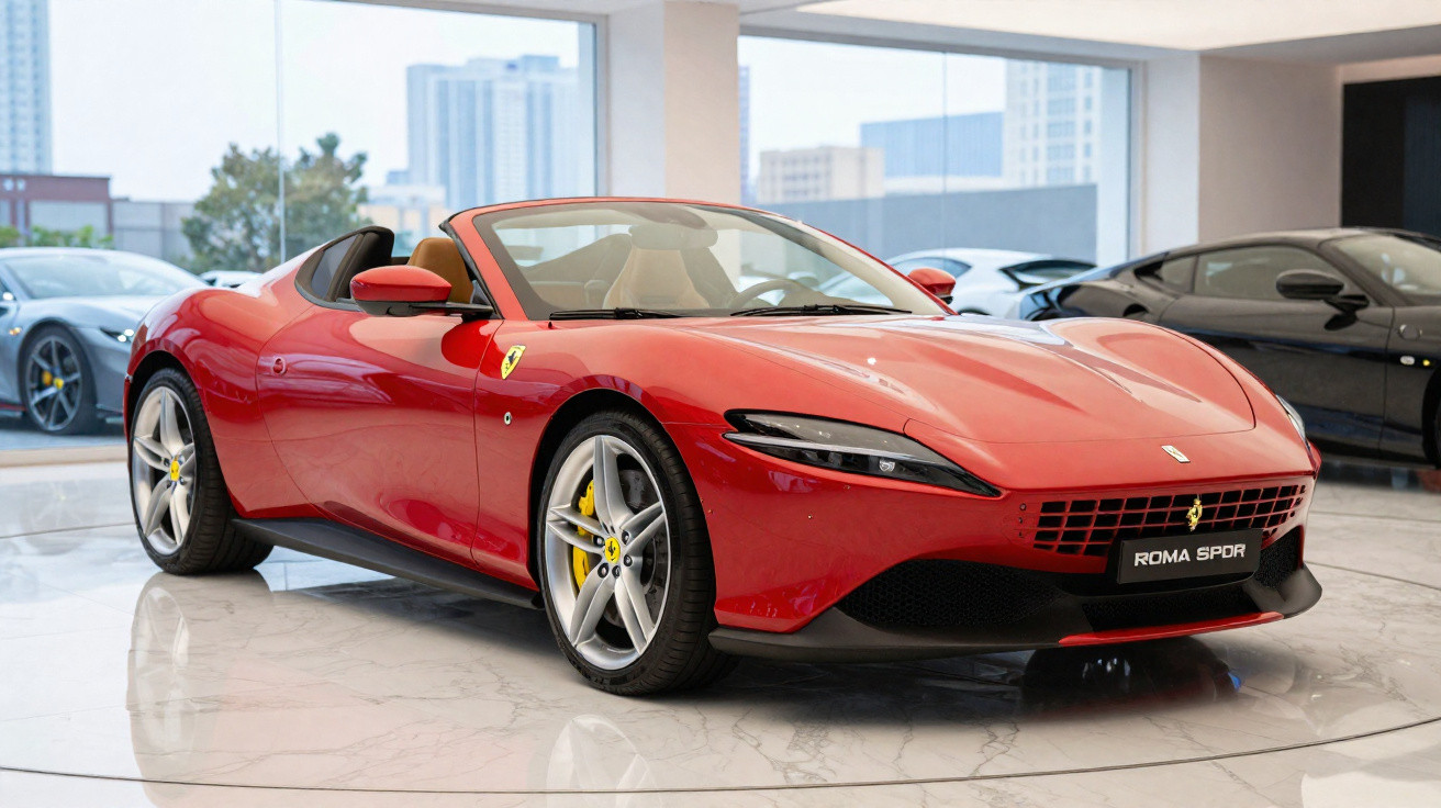 Carro esportivo conversível Ferrari Roma Sport vermelho em showroom com teto aberto e interior bege.