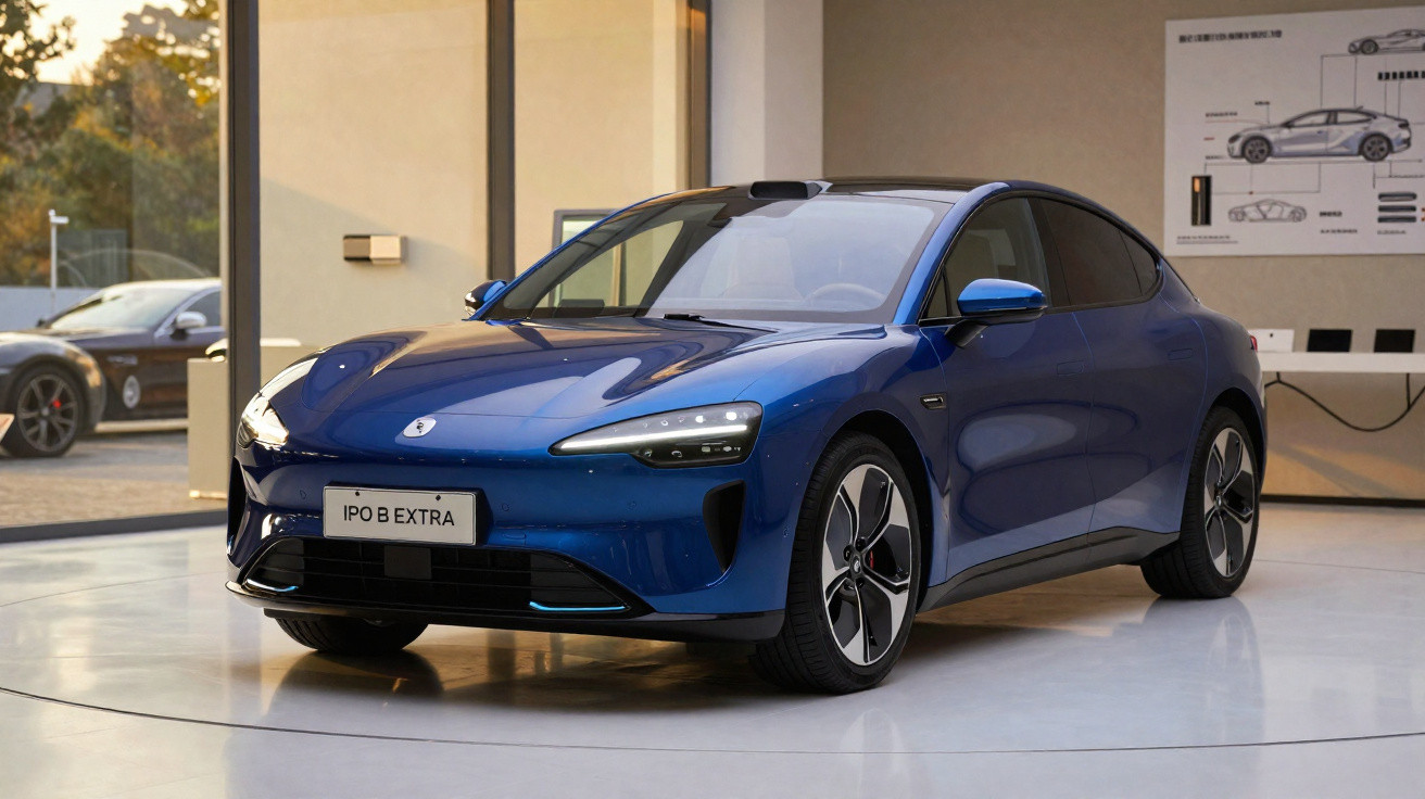 Carro elétrico azul moderno em exposição interna com design aerodinâmico e rodas esportivas.