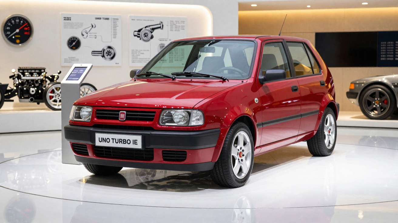 Carro vermelho Fiat Uno Turbo IE exposto em museu automotivo com outras peças ao fundo.