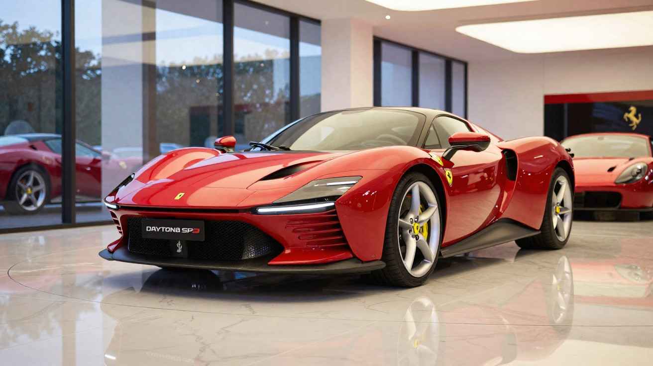 Carro esportivo vermelho Ferrari Daytona SP3 exibido em showroom com piso de mármore.