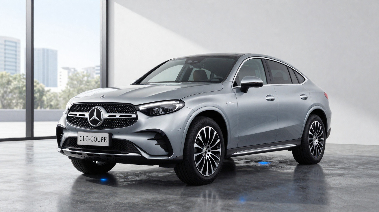 Mercedes-Benz GLC-Coupe cinza estacionado em ambiente interno moderno com parede branca e janelas amplas.
