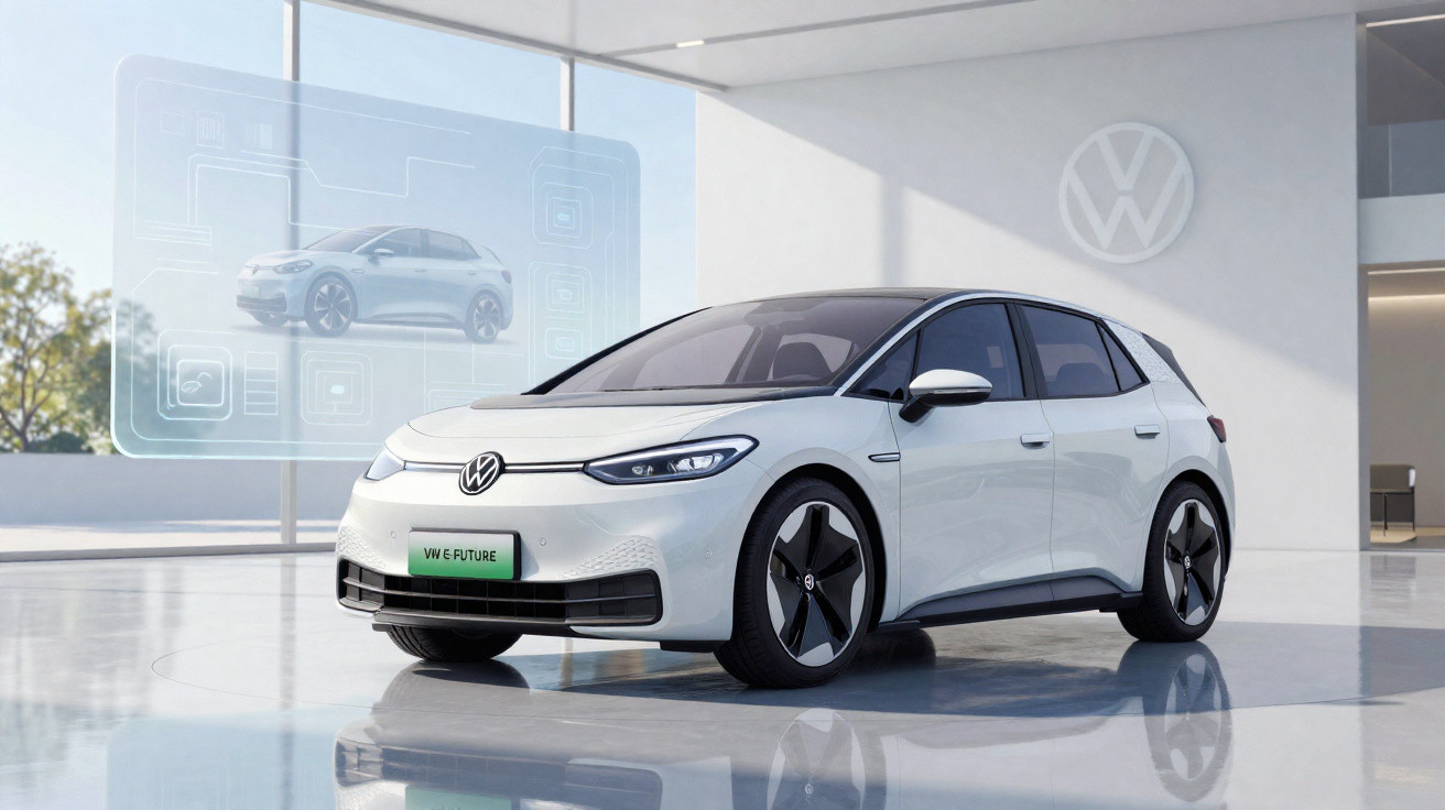 Carro elétrico branco Volkswagen ID.3 em showroom moderno com logo da VW na parede.
