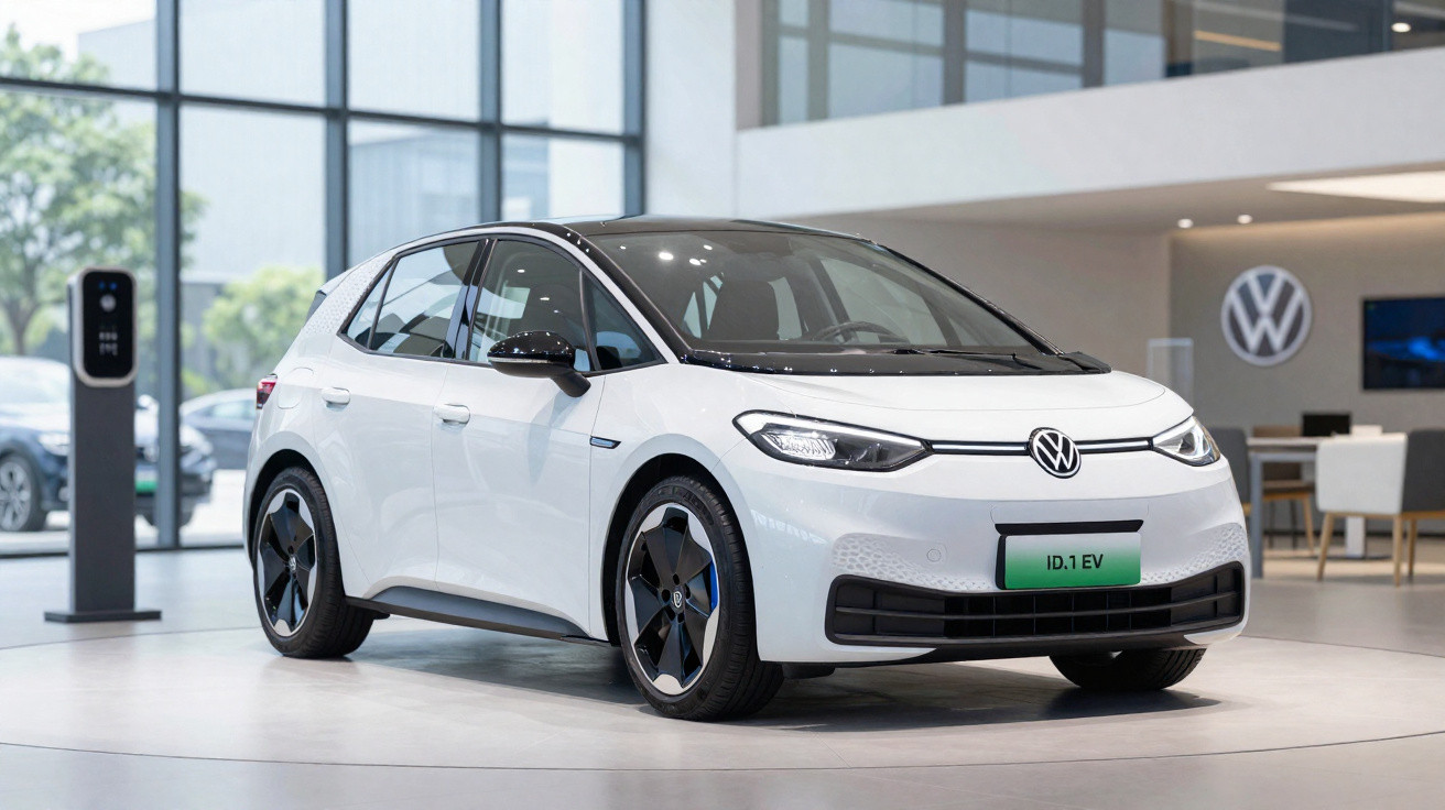 Carro elétrico branco Volkswagen ID.1 EV exibido em showroom moderno com logo da marca ao fundo.