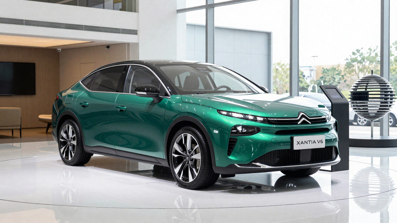 Carro elétrico Citroën Xantia V6 verde exposto em showroom moderno com grandes janelas de vidro.