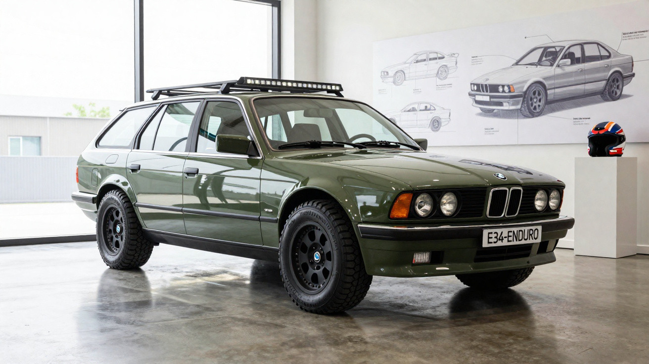 Carro BMW E34 Enduro verde militar em exibição, com pneus off-road e bagageiro de teto, em ambiente interno moderno.
