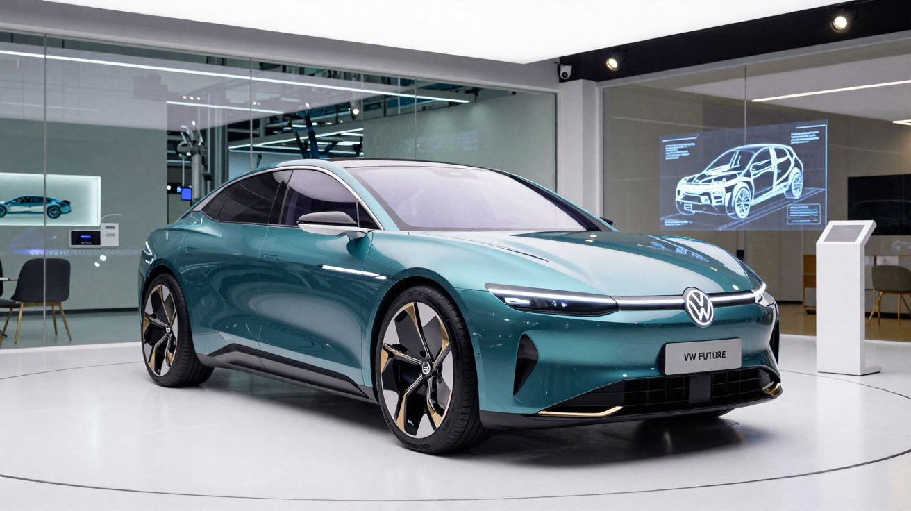 Carro elétrico Volkswagen VW Future verde exibido em showroom moderno com tela digital ao fundo.
