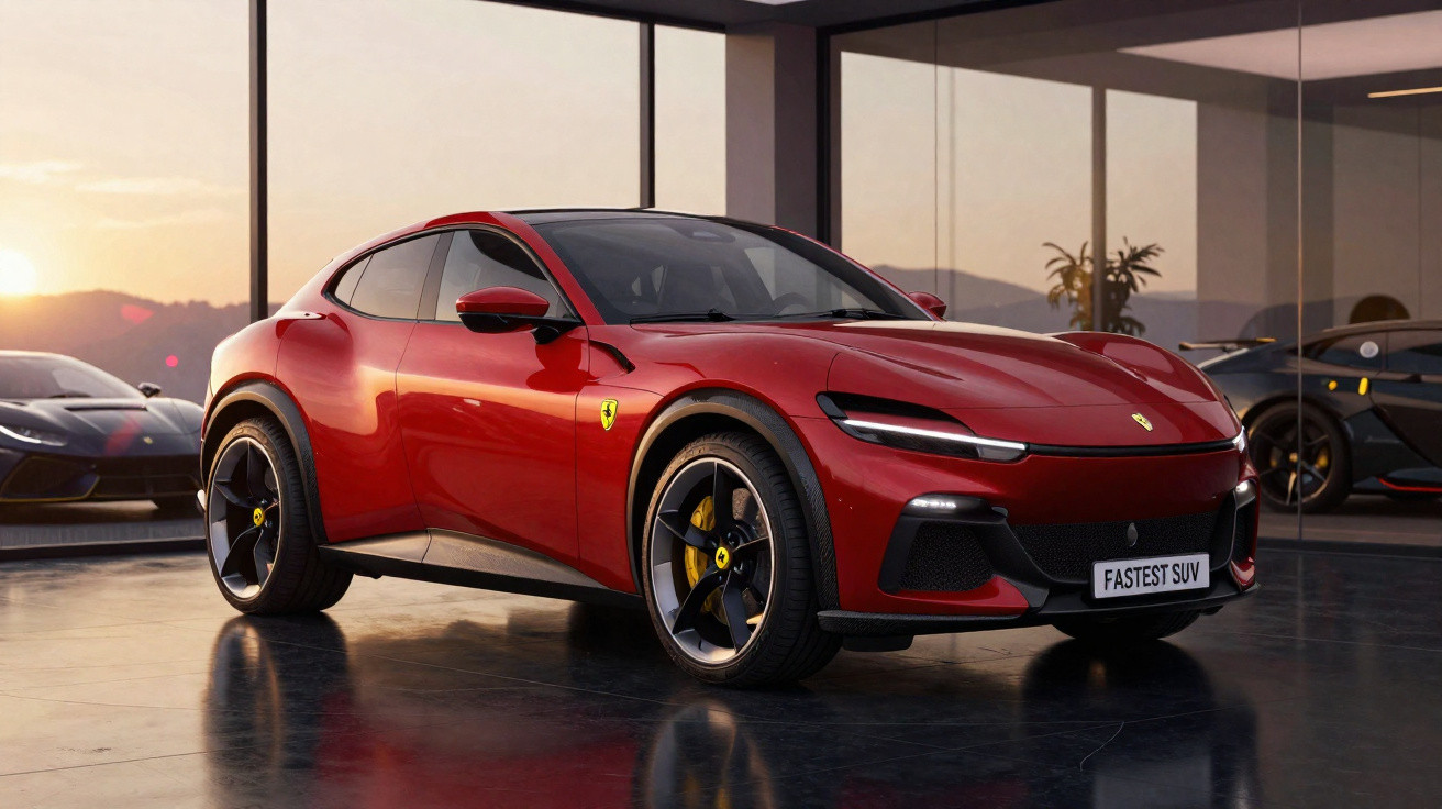 SUV esportivo vermelho Ferrari em showroom moderno com teto solar e detalhes em preto e amarelo.