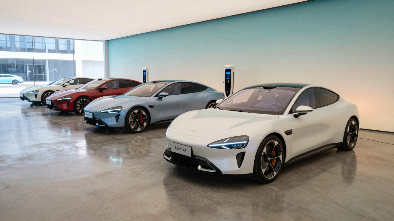 Salão moderno com cinco carros elétricos esportivos alinhados perto de estações de recarga.