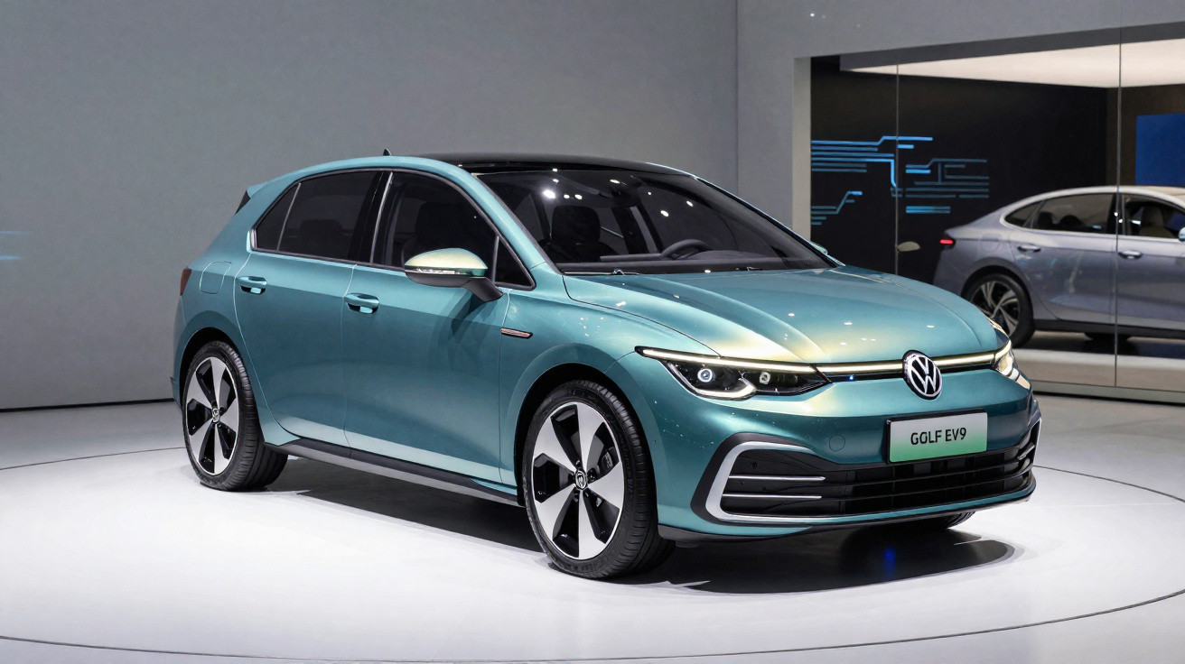 Carro elétrico Volkswagen Golf EV9 azul exibido em estande com iluminação branca e fundo cinza.