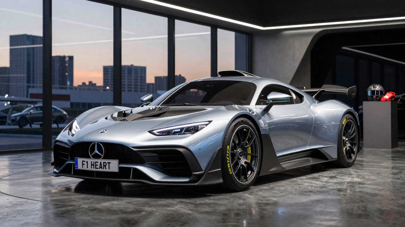 Carro esportivo prata Mercedes-Benz AMG Project One em exposição interna com iluminação moderna.