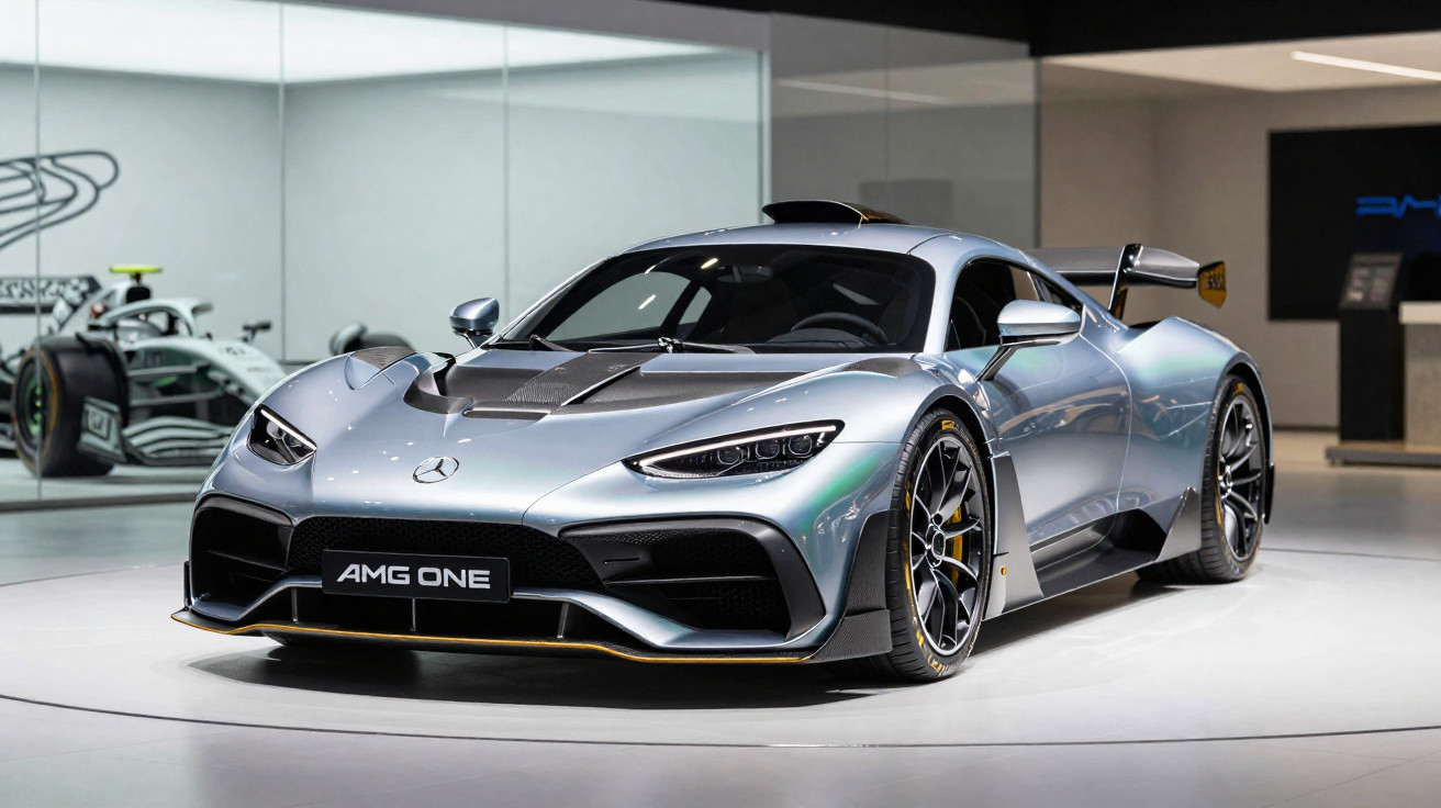 Carro esportivo Mercedes-AMG One prata exibido em salão com luzes refletindo na pintura brilhante.