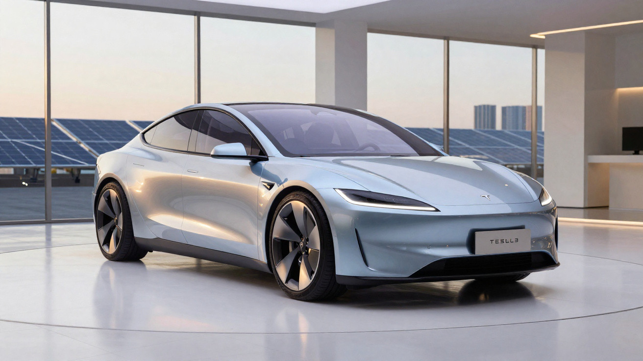 Carro elétrico Tesla prata estacionado em ambiente interno com janelas grandes ao fundo.