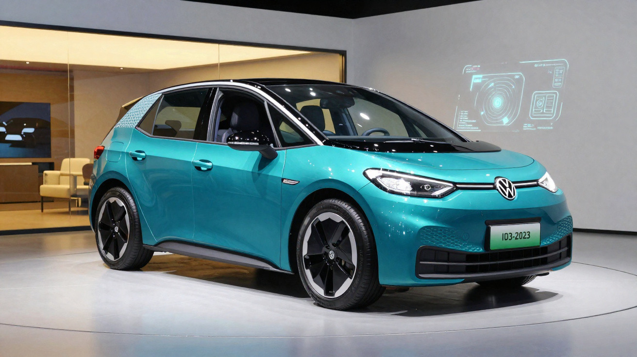 Carro elétrico Volkswagen hatch na cor azul com detalhes em preto exibido em estande moderno.