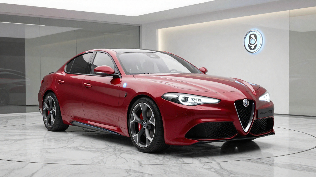 Carro esportivo Alfa Romeo sedã vermelho exibido em ambiente interno moderno com piso branco.