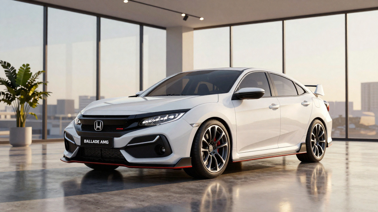 Carro esportivo branco Honda Ballade AMG em showroom moderno com paredes de vidro e planta ao fundo.
