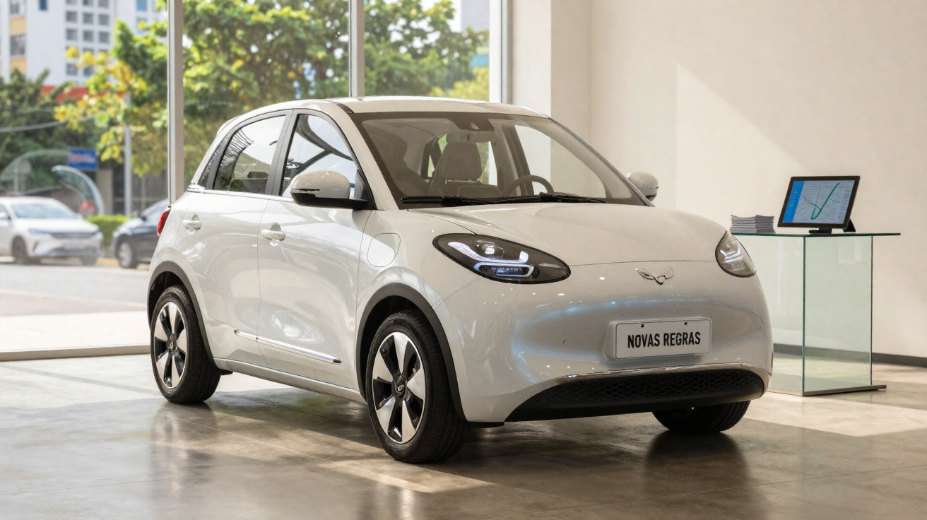 Carro elétrico branco exposto em showroom moderno com placa escrito "Novas Regras".