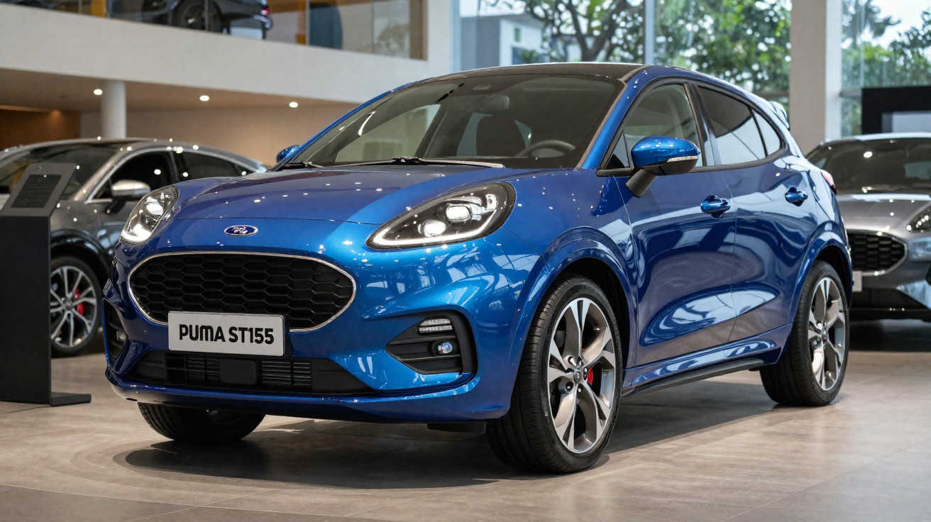 Carro azul Ford Puma ST155 em exposição interna com rodas esportivas e faróis acesos.