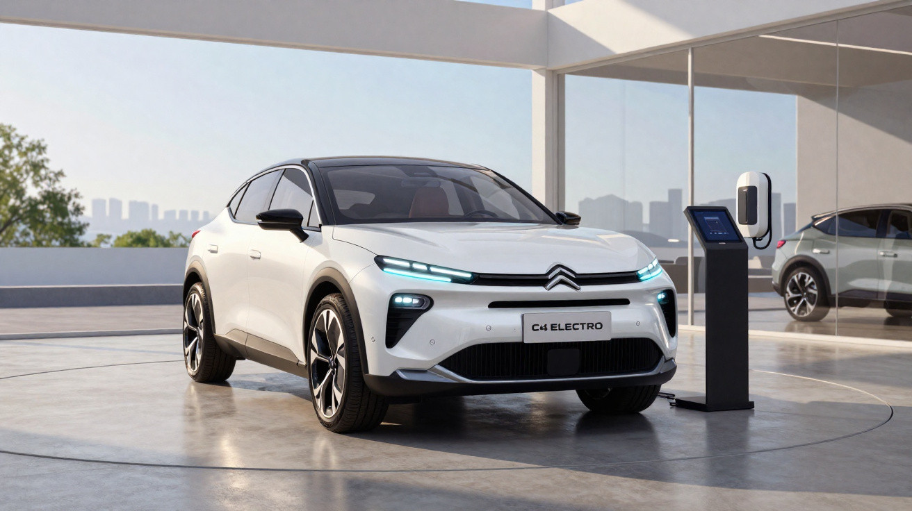 Carro elétrico branco Citroën C4 Electro estacionado em ambiente moderno com carregador ao lado.