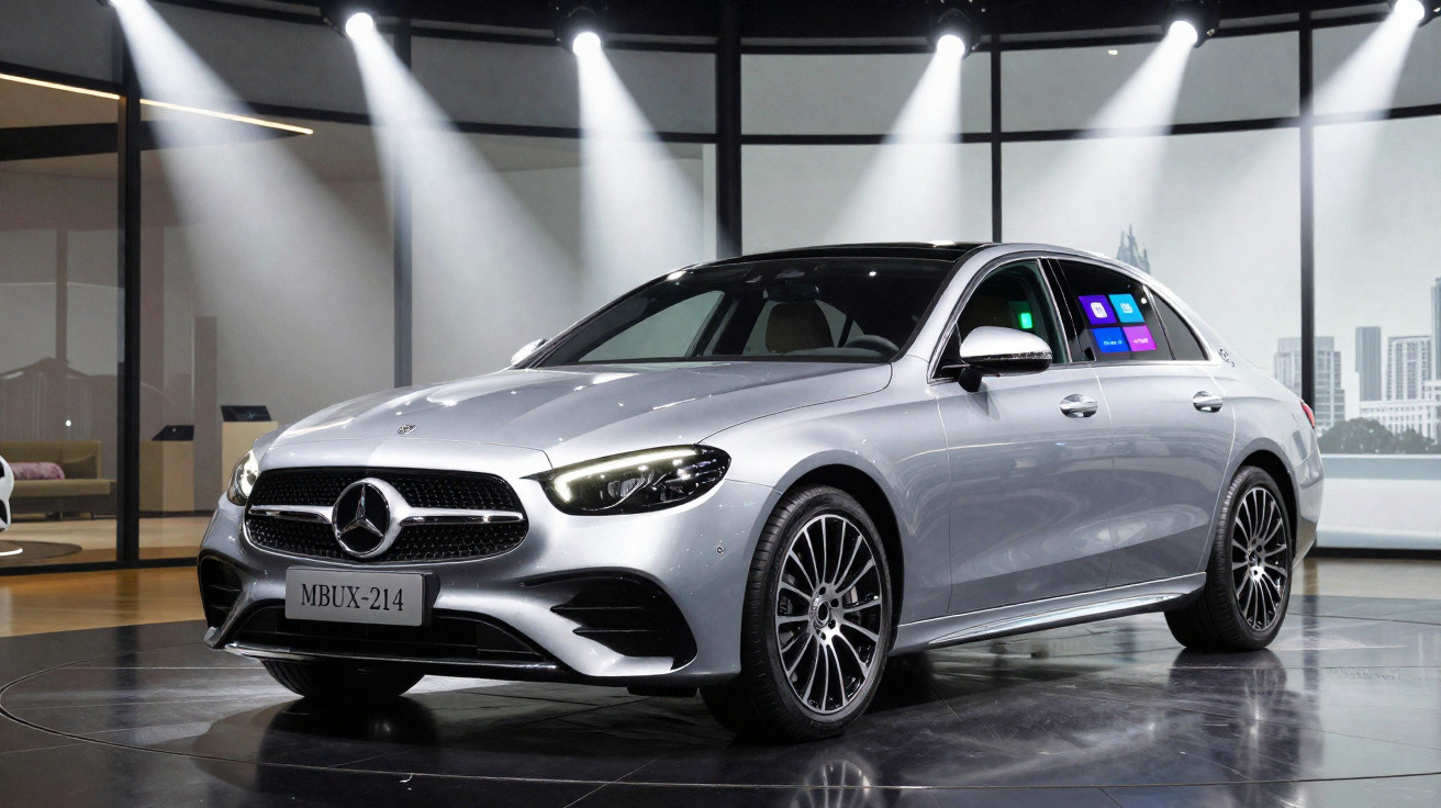 Carro prata Mercedes-Benz sedan exibido em showroom moderno com iluminação focada e janelas panorâmicas.