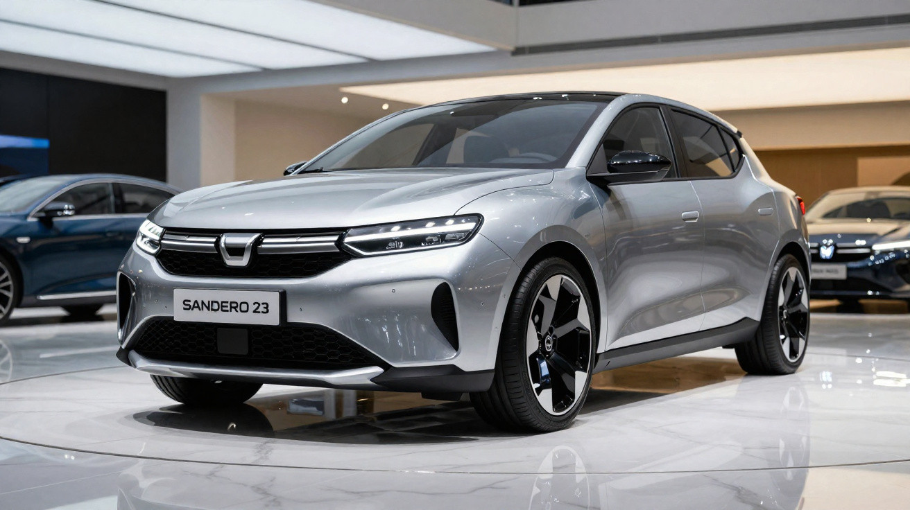 Carro prata modelo Sandero 2023 exibido em salão de automóveis moderno e iluminado.