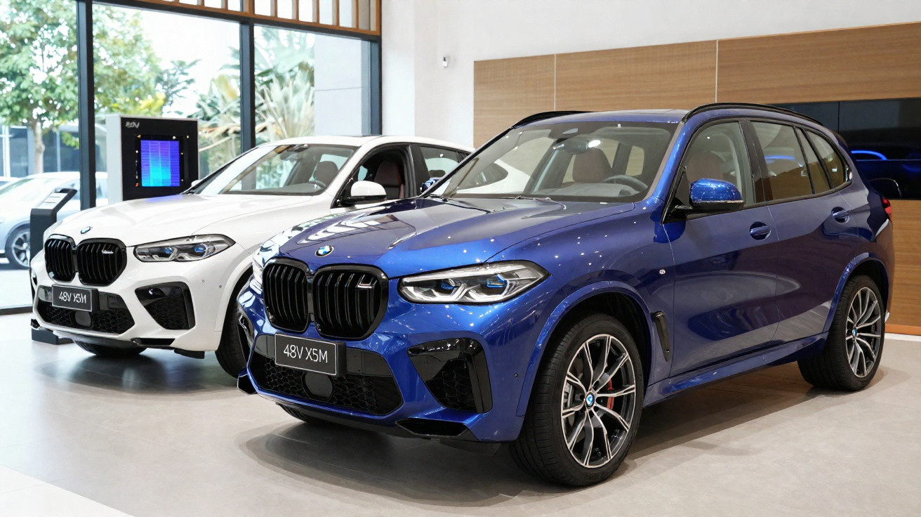 Dois carros BMW X5 M, um azul e um branco, exibidos em showroom moderno com piso claro e paredes de madeira.