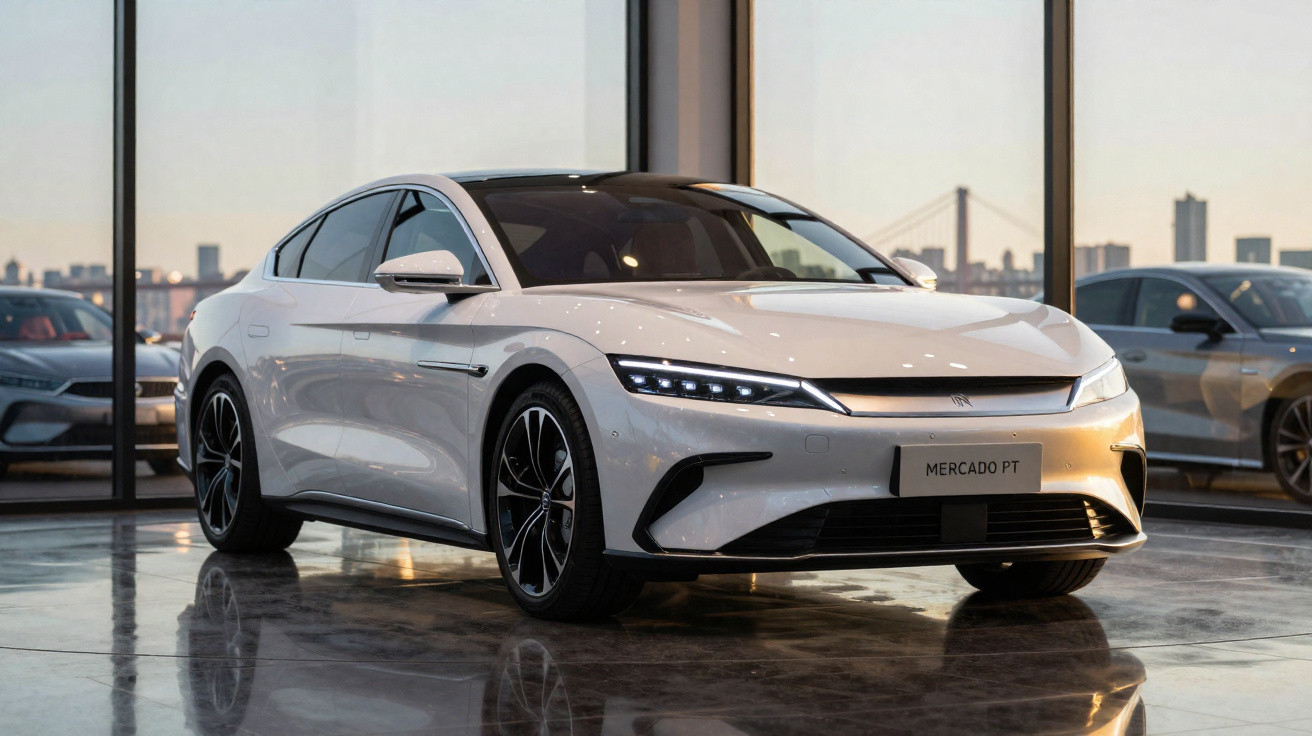 Sedã elétrico branco estacionado em showroom moderno com janelas grandes e reflexos no chão.