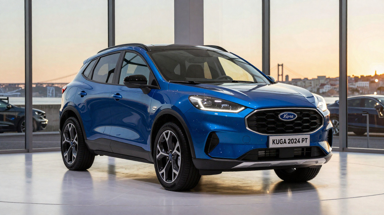 Carro SUV azul Ford Kuga 2024 em exposição com fundo de janelas grandes ao pôr do sol.