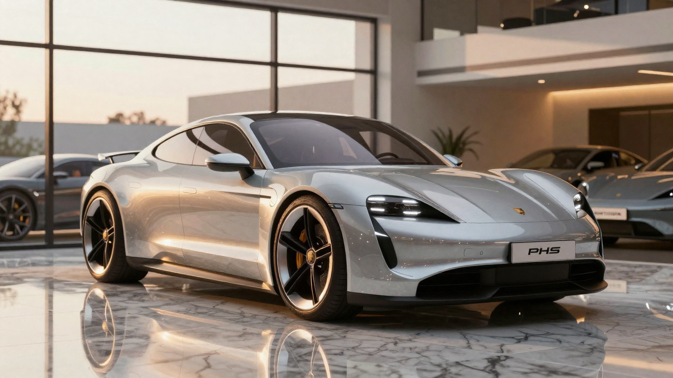 Carro esportivo prata Porsche Taycan PHS em piso de mármore dentro de showroom moderno.